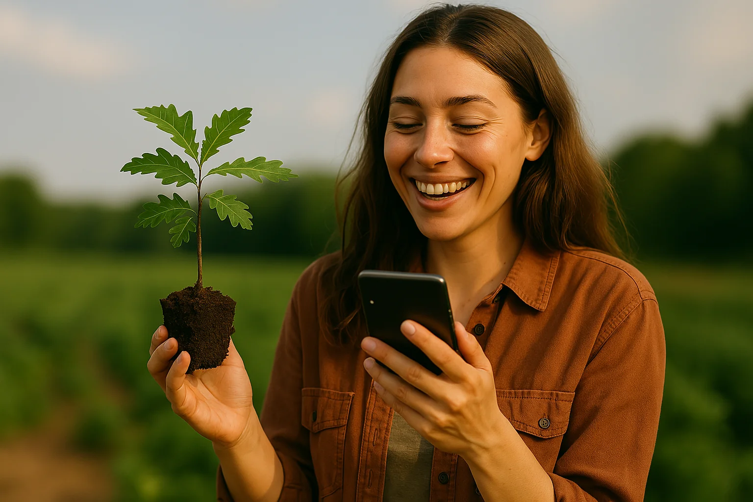 Woman planting a tree while using the CryptoTree app